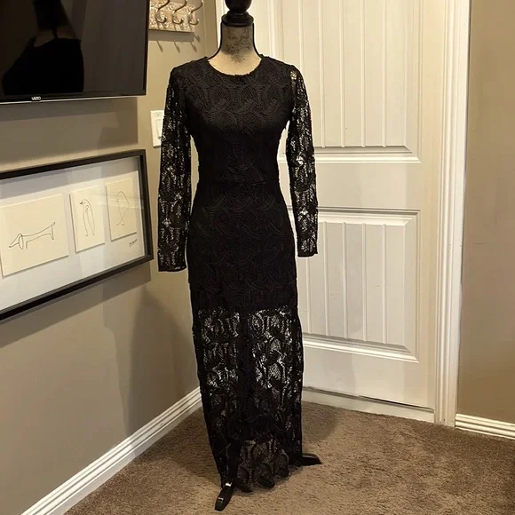 chinese dress ladies Black Sheer Lace Long Sleeve Bodycon Maxi Dress